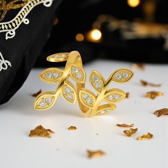 ποΈElegant 18K Gold Plated Adjustable Leaves πΏLeaf Ring Sparkling Zirconia β¨ - Picture 12 of 14